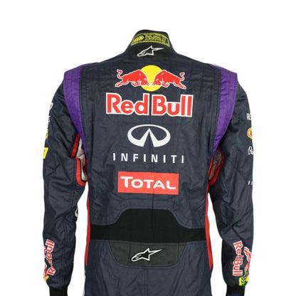 Sebastian Vettel 2014 Red Bull F1 Racing Suit featuring iconic dark blue Red Bull Racing team graphics and authentic sponsor detailing