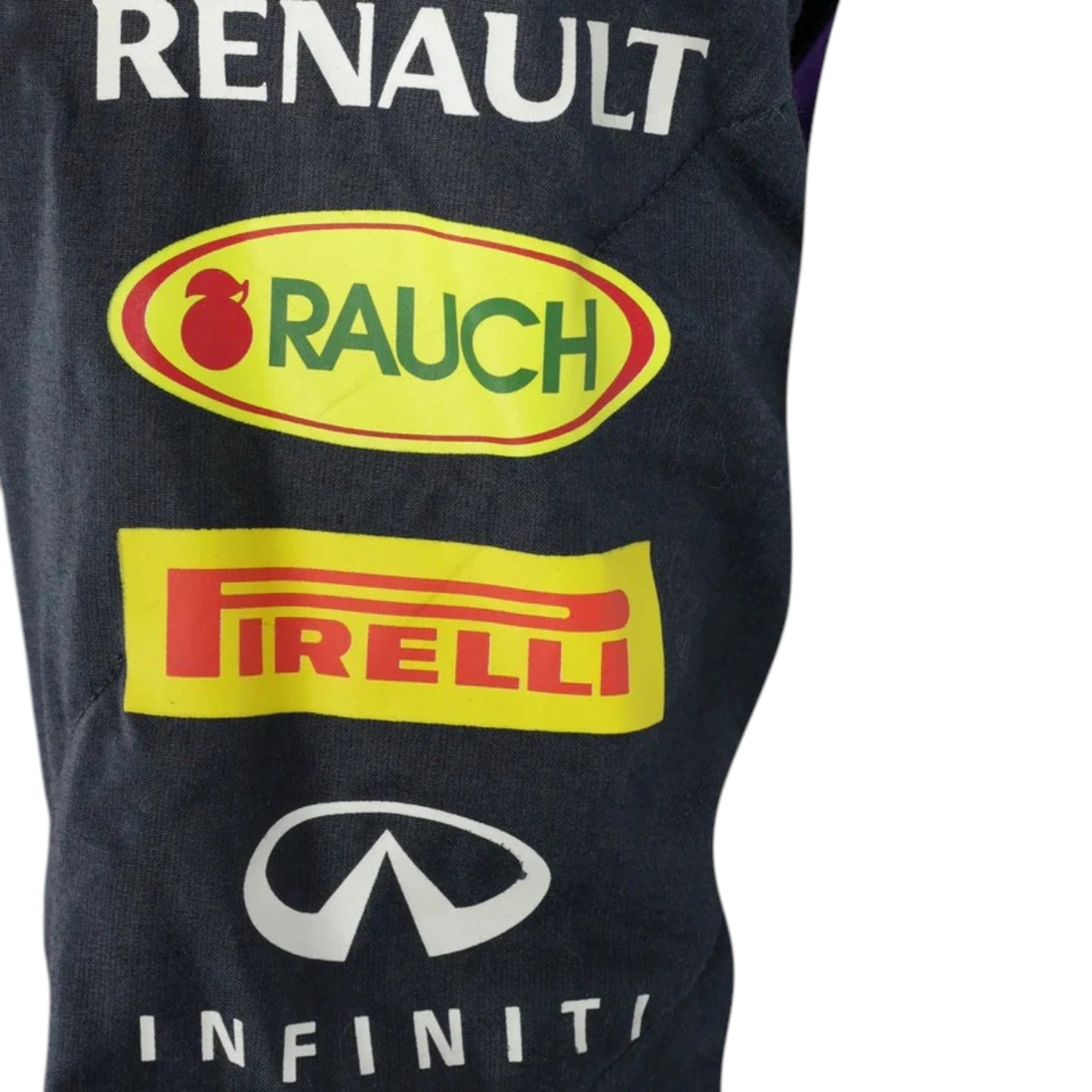 Sebastian Vettel 2014 Red Bull F1 Racing Suit featuring iconic dark blue Red Bull Racing team graphics and authentic sponsor detailing