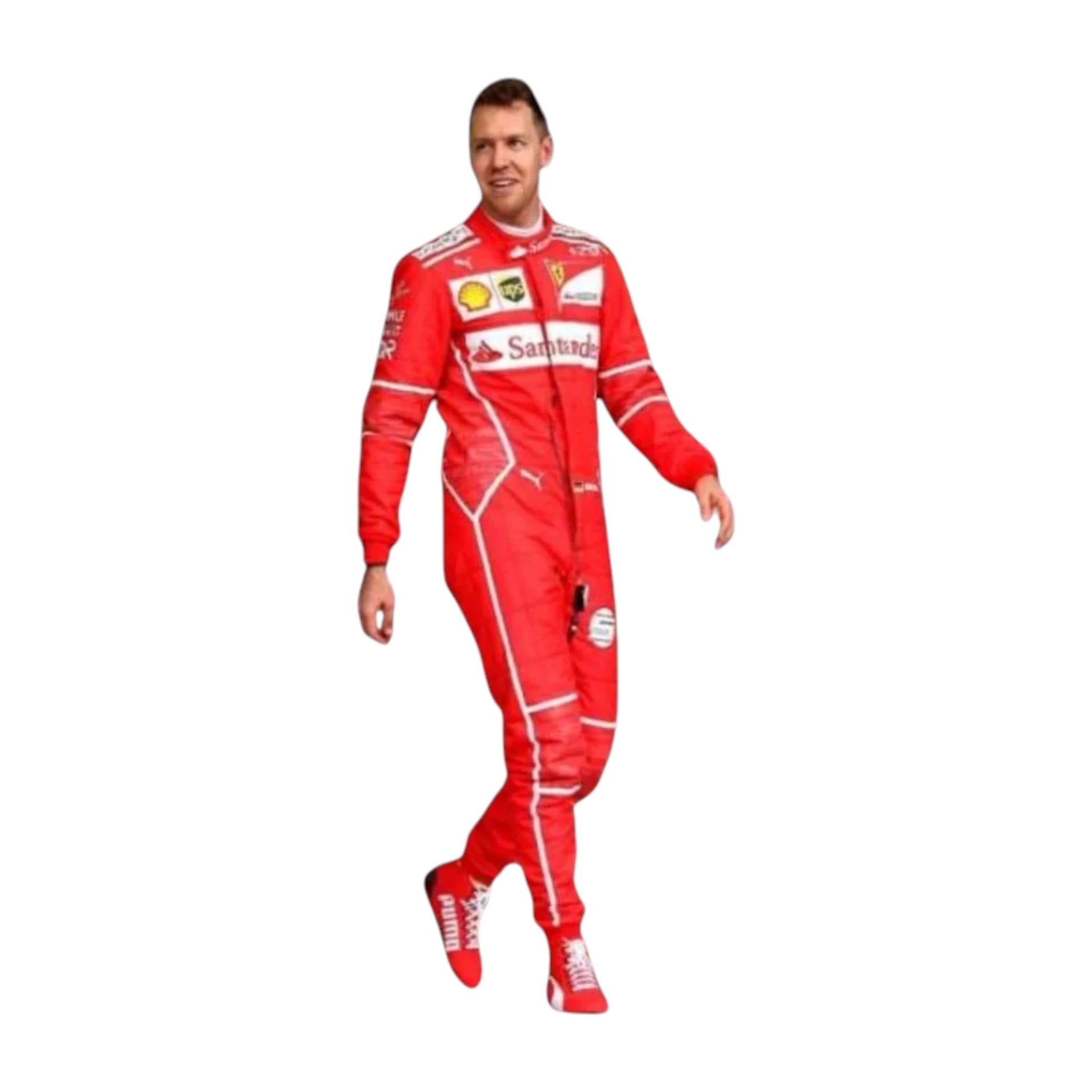 Sebastian Vettel 2017 Ferrari F1 Racing Suit featuring iconic red Ferrari racing graphics and authentic sponsor detailing