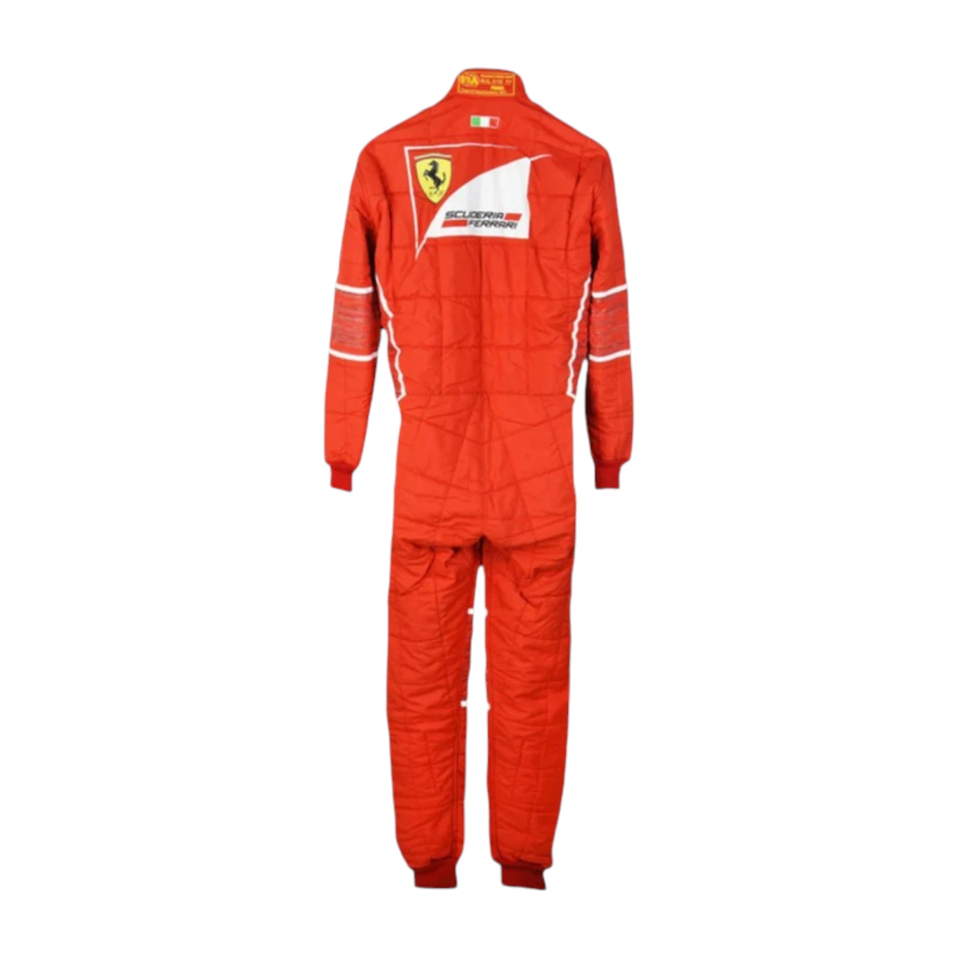 Sebastian Vettel 2017 Ferrari F1 Racing Suit featuring iconic red Ferrari racing graphics and authentic sponsor detailing