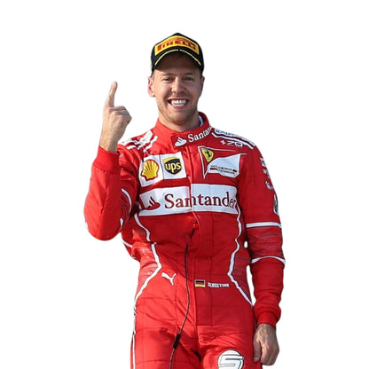 Sebastian Vettel 2017 Ferrari F1 Racing Suit featuring iconic red Ferrari racing graphics and authentic sponsor detailing