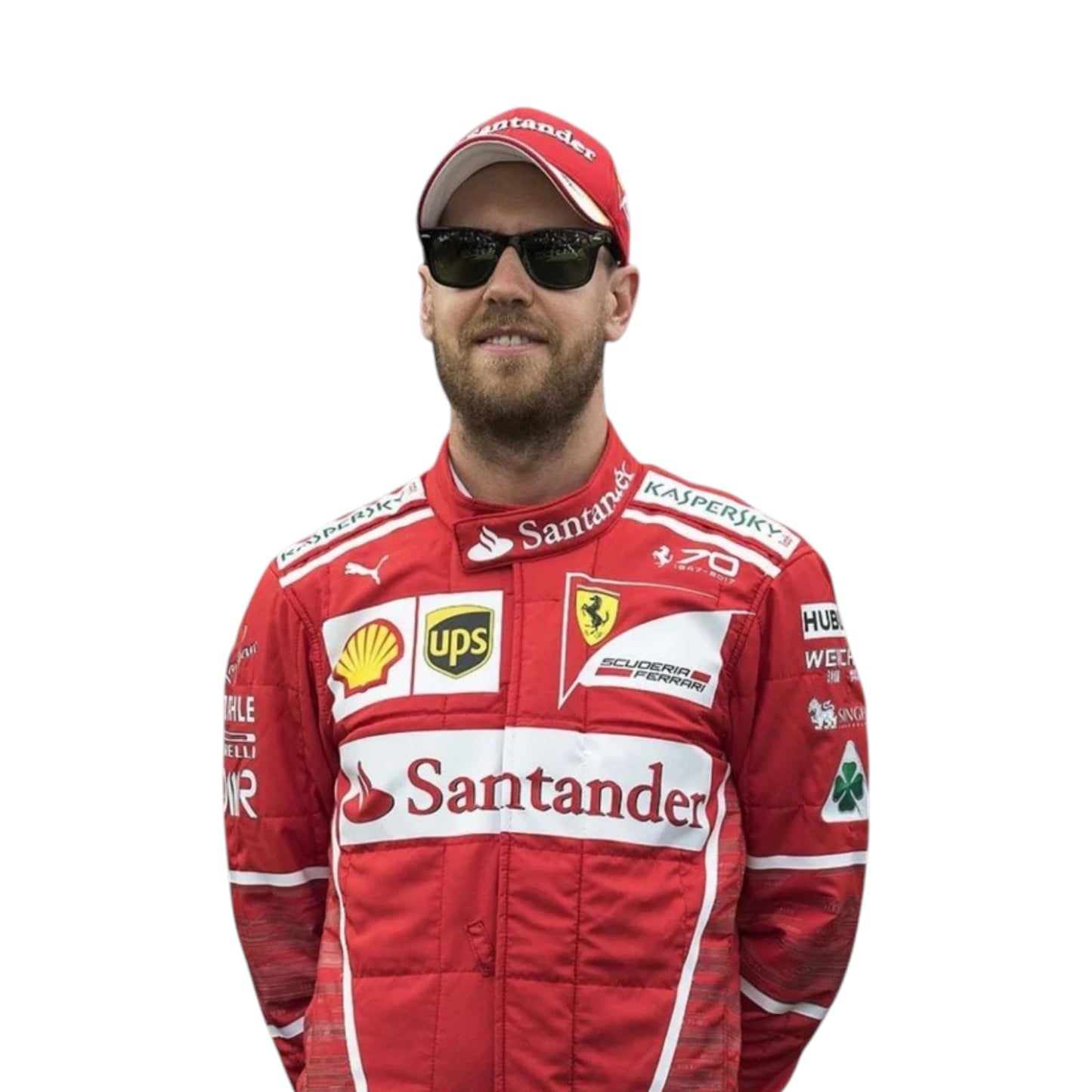 Sebastian Vettel 2017 Ferrari F1 Racing Suit featuring iconic red Ferrari racing graphics and authentic sponsor detailing