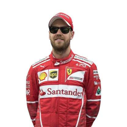 Sebastian Vettel 2017 Ferrari F1 Racing Suit featuring iconic red Ferrari racing graphics and authentic sponsor detailing