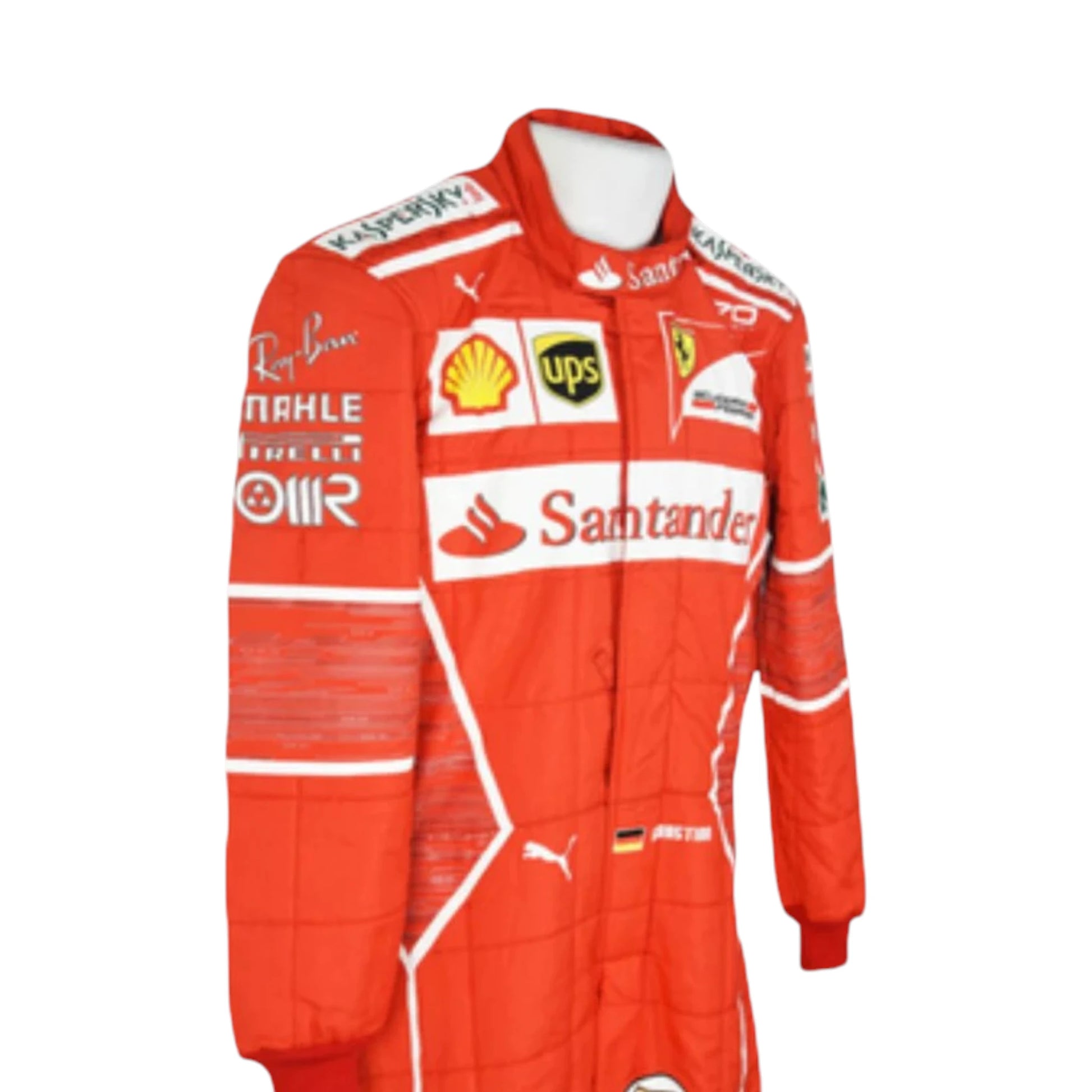 Sebastian Vettel 2017 Ferrari F1 Racing Suit featuring iconic red Ferrari racing graphics and authentic sponsor detailing