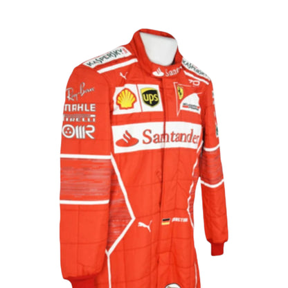 Sebastian Vettel 2017 Ferrari F1 Racing Suit featuring iconic red Ferrari racing graphics and authentic sponsor detailing