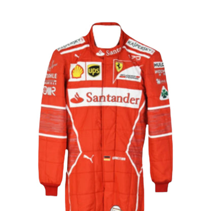 Sebastian Vettel 2017 Ferrari F1 Racing Suit featuring iconic red Ferrari racing graphics and authentic sponsor detailing