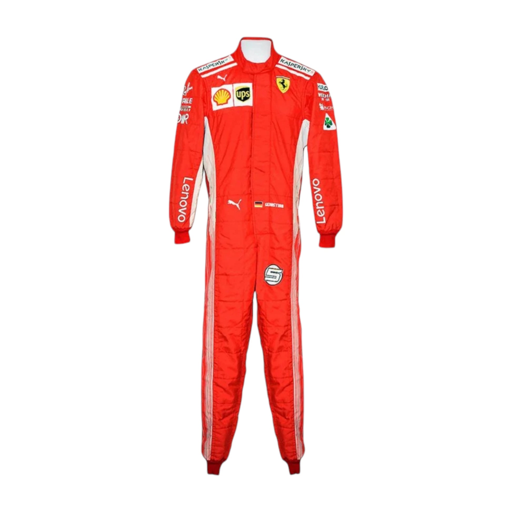 Sebastian Vettel 2018 Ferrari F1 Racing Suit featuring iconic red Ferrari racing graphics and authentic sponsor detailing