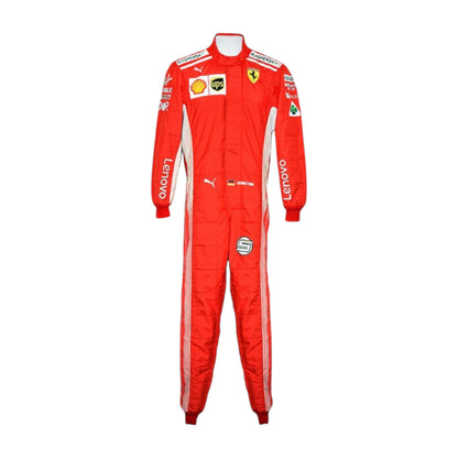 Sebastian Vettel 2018 Ferrari F1 Racing Suit featuring iconic red Ferrari racing graphics and authentic sponsor detailing