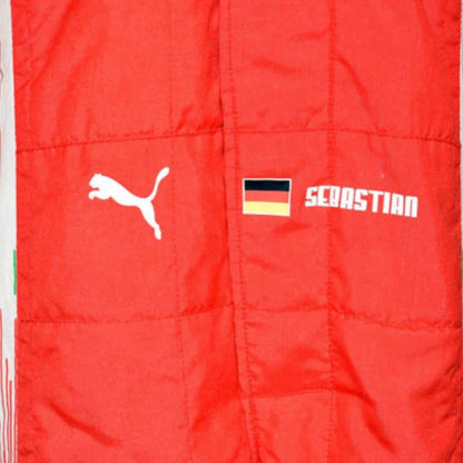 Sebastian Vettel 2018 Ferrari F1 Racing Suit featuring iconic red Ferrari racing graphics and authentic sponsor detailing