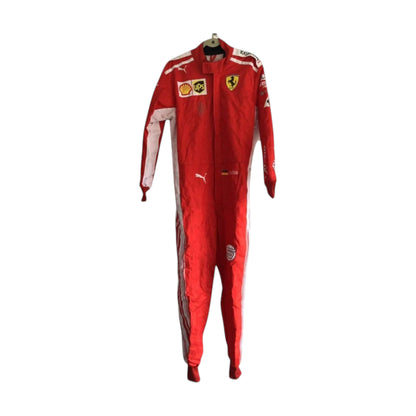 Sebastian Vettel 2018 Ferrari F1 Racing Suit featuring iconic red Ferrari racing graphics and authentic sponsor detailing