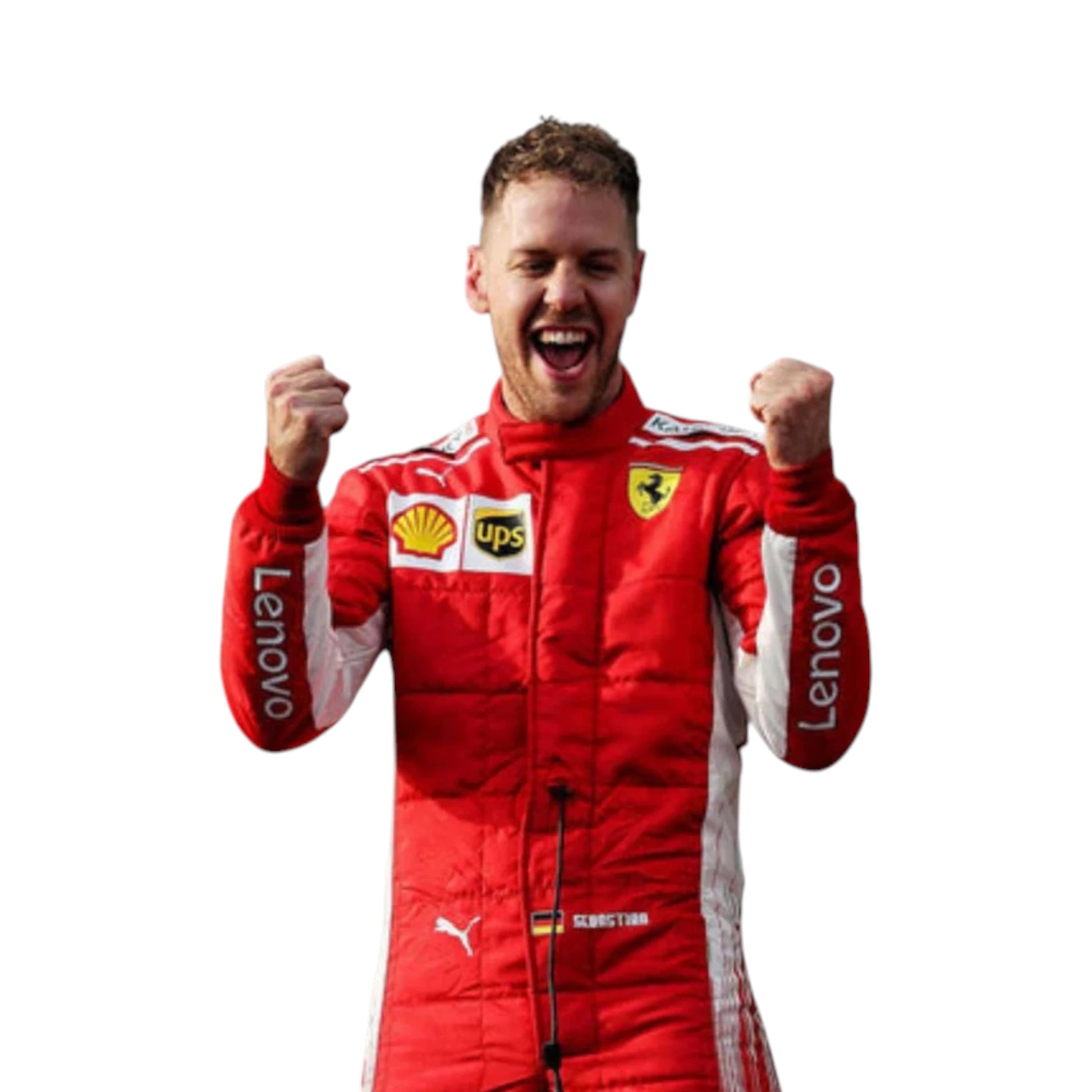 Sebastian Vettel 2018 Ferrari F1 Racing Suit featuring iconic red Ferrari racing graphics and authentic sponsor detailing