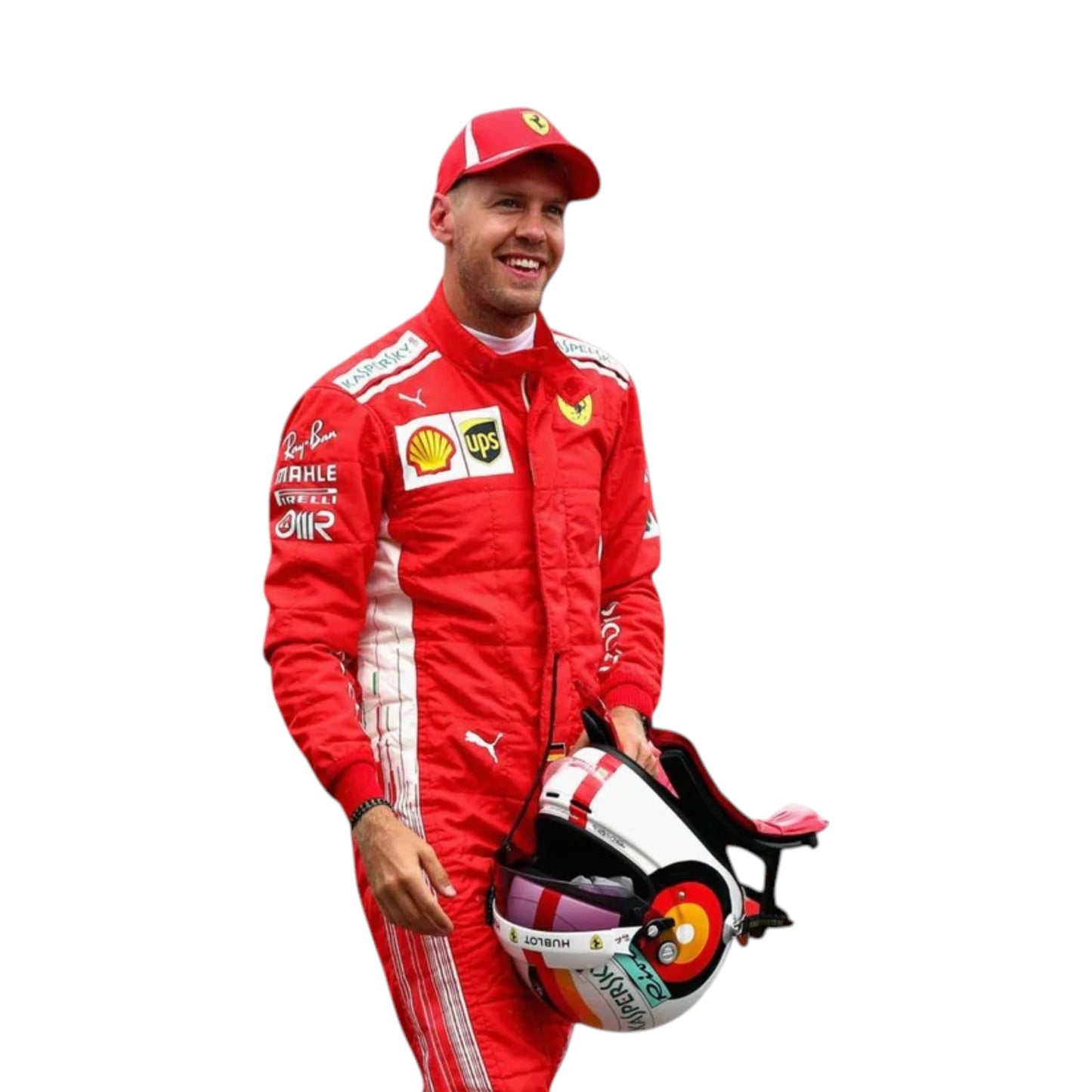 Sebastian Vettel 2018 Ferrari F1 Racing Suit featuring iconic red Ferrari racing graphics and authentic sponsor detailing