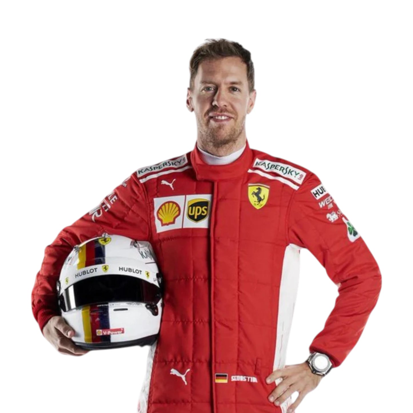 Sebastian Vettel 2018 Ferrari F1 Racing Suit featuring iconic red Ferrari racing graphics and authentic sponsor detailing