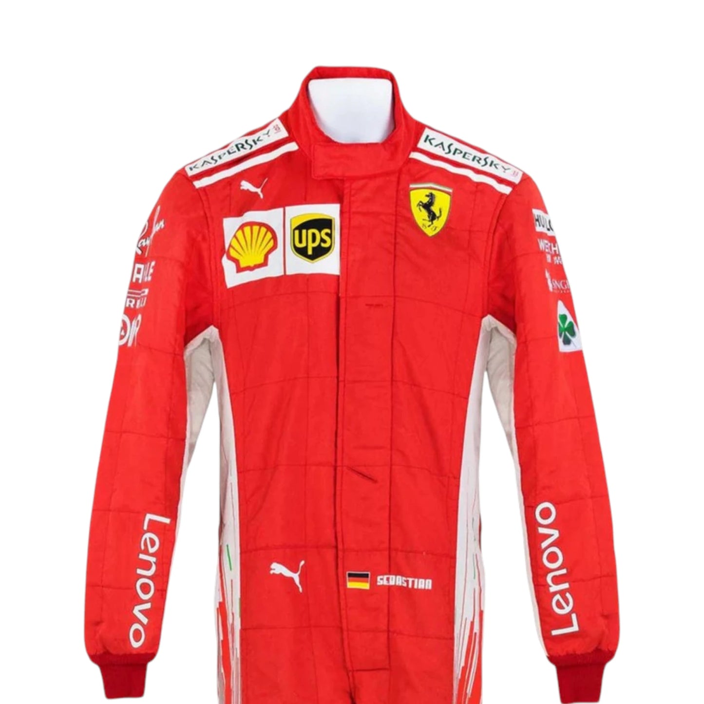 Sebastian Vettel 2018 Ferrari F1 Racing Suit featuring iconic red Ferrari racing graphics and authentic sponsor detailing