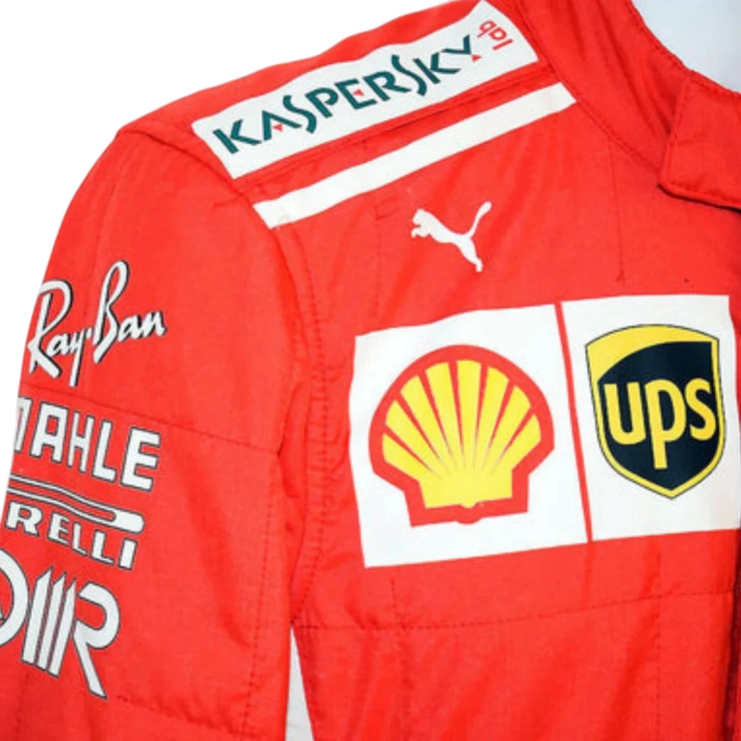Sebastian Vettel 2018 Ferrari F1 Racing Suit featuring iconic red Ferrari racing graphics and authentic sponsor detailing