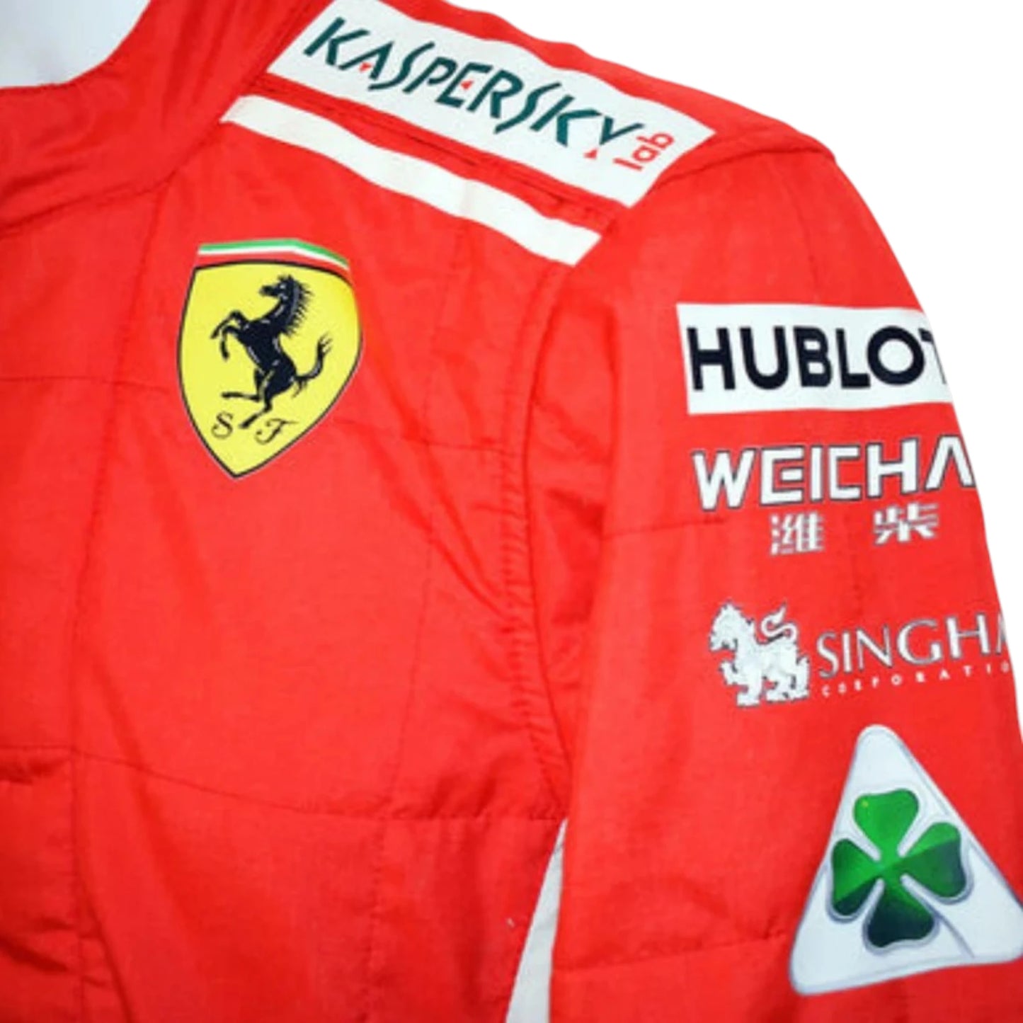 Sebastian Vettel 2018 Ferrari F1 Racing Suit featuring iconic red Ferrari racing graphics and authentic sponsor detailing