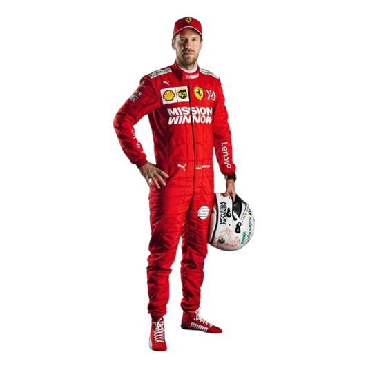 Sebastian Vettel 2019 Ferrari F1 Racing Suit featuring iconic red Ferrari racing graphics and authentic sponsor detailing