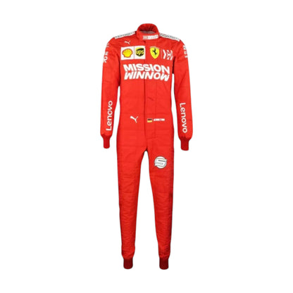 Sebastian Vettel 2019 Ferrari F1 Racing Suit featuring iconic red Ferrari racing graphics and authentic sponsor detailing