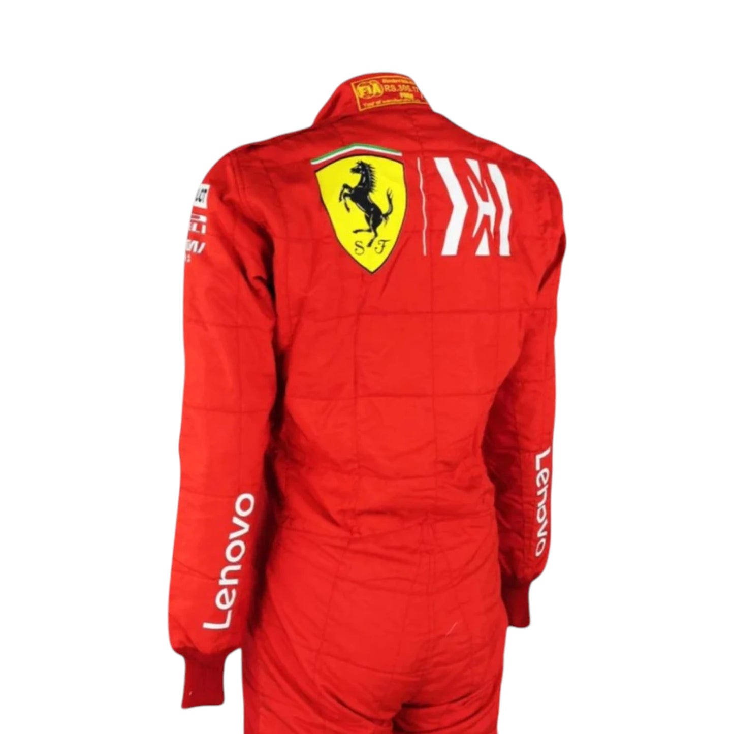 Sebastian Vettel 2019 Ferrari F1 Racing Suit featuring iconic red Ferrari racing graphics and authentic sponsor detailing