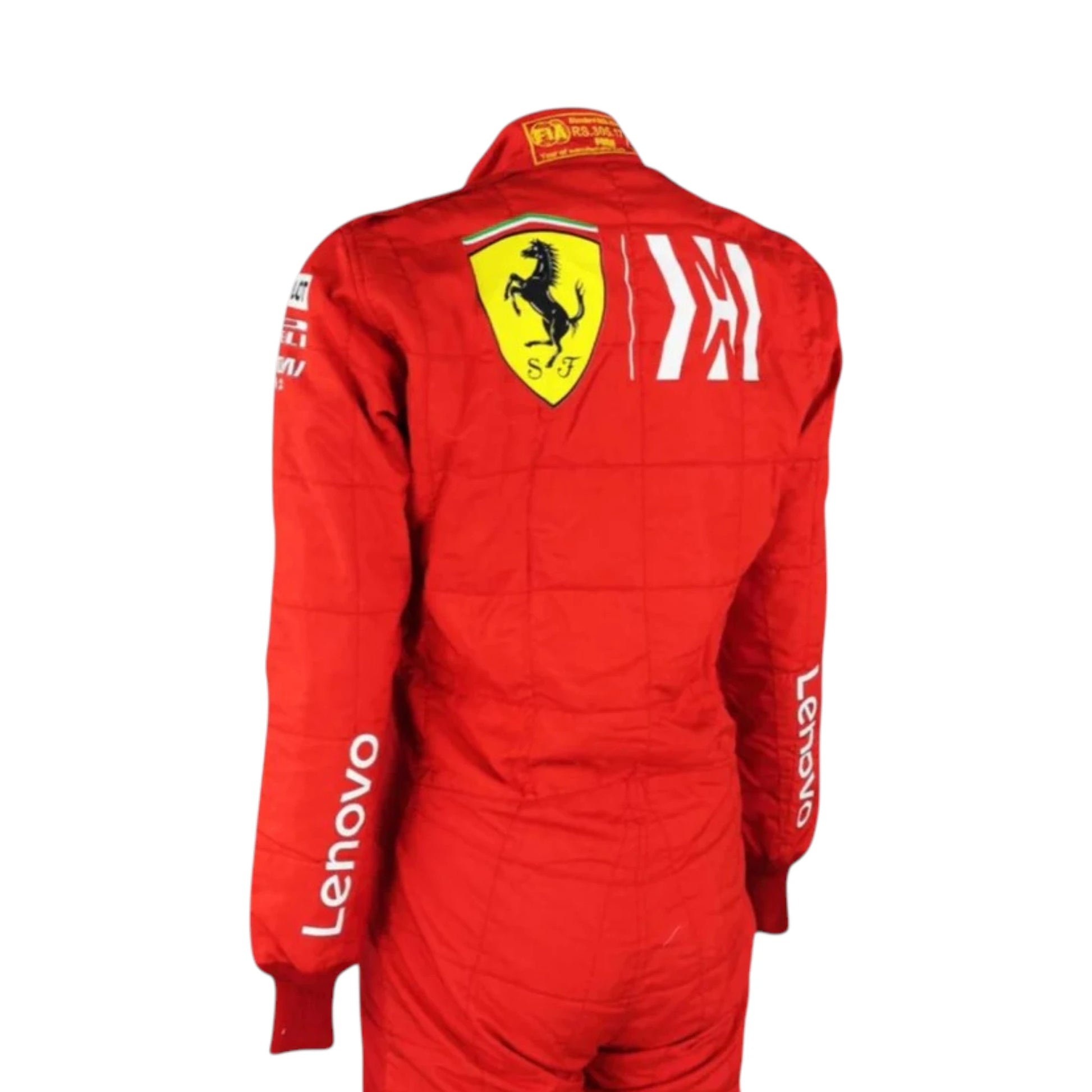 Sebastian Vettel 2019 Ferrari F1 Racing Suit featuring iconic red Ferrari racing graphics and authentic sponsor detailing