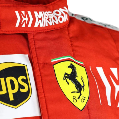 Sebastian Vettel 2019 Ferrari F1 Racing Suit featuring iconic red Ferrari racing graphics and authentic sponsor detailing