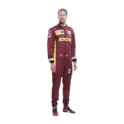 Sebastian Vettel 2020 Ferrari 1000 GP F1 Racing Suit featuring iconic burgundy Ferrari racing graphics and authentic sponsor detailing
