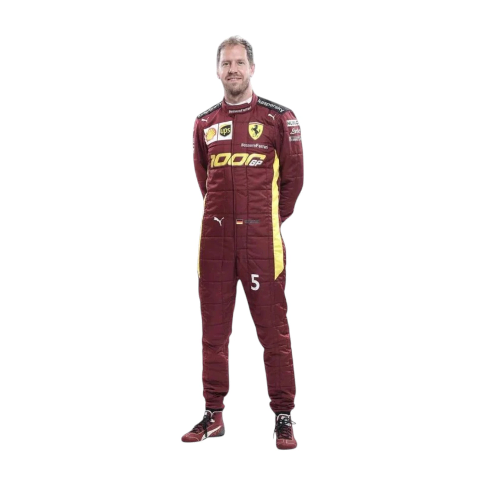 Sebastian Vettel 2020 Ferrari 1000 GP F1 Racing Suit featuring iconic burgundy Ferrari racing graphics and authentic sponsor detailing