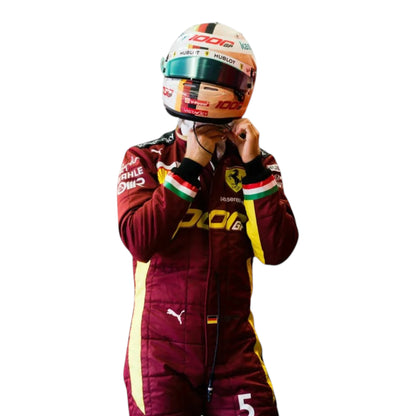 Sebastian Vettel 2020 Ferrari 1000 GP F1 Racing Suit featuring iconic burgundy Ferrari racing graphics and authentic sponsor detailing
