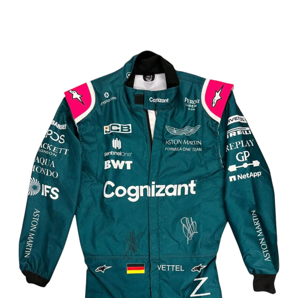 Sebastian Vettel 2021 Aston Martin F1 race suit in green with pink shoulder accents and sponsor logos