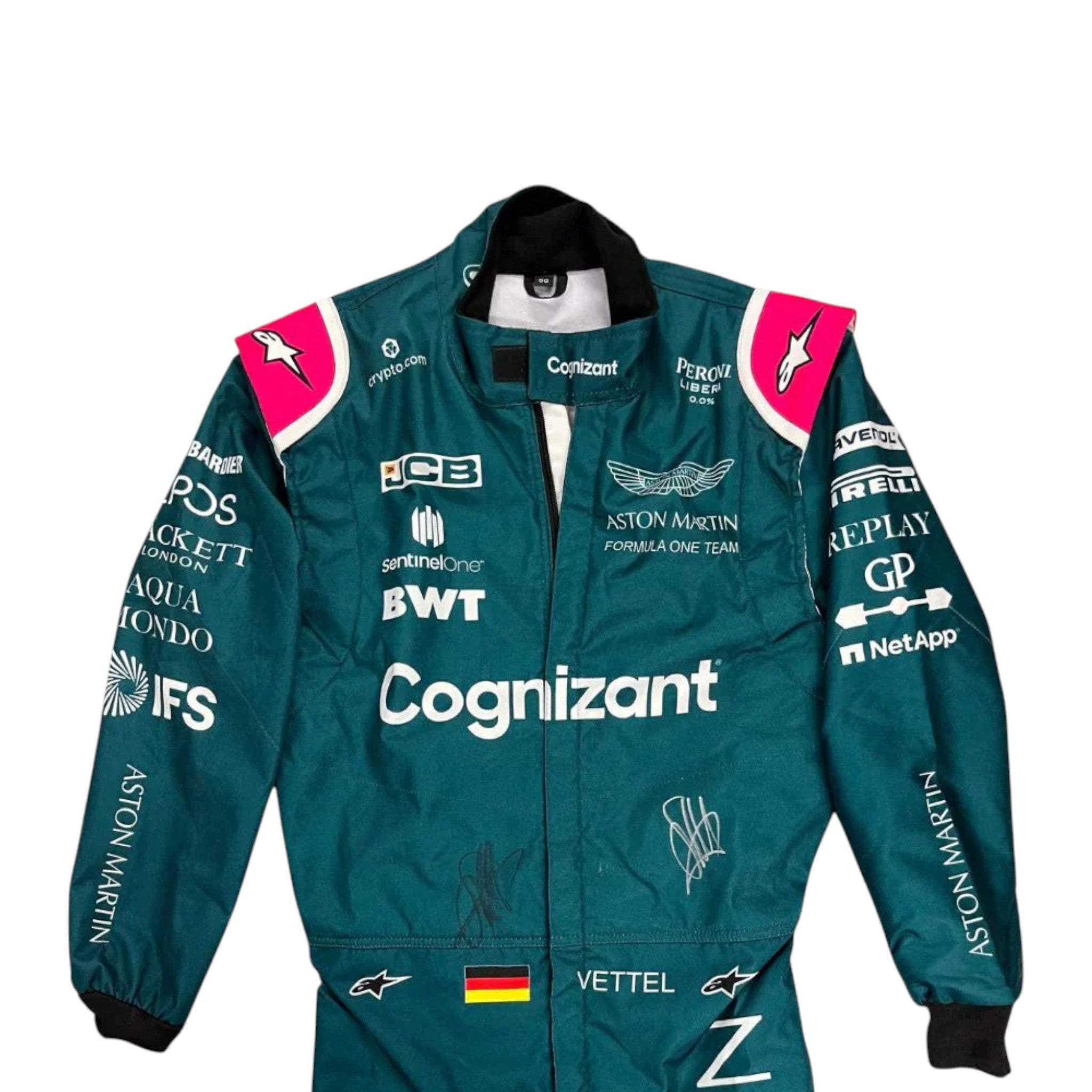 Sebastian Vettel 2021 Aston Martin F1 race suit in green with pink shoulder accents and sponsor logos
