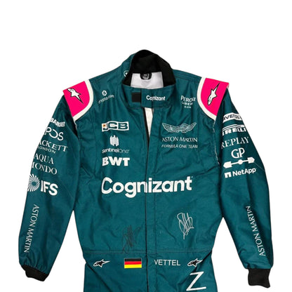 Sebastian Vettel 2021 Aston Martin F1 race suit in green with pink shoulder accents and sponsor logos