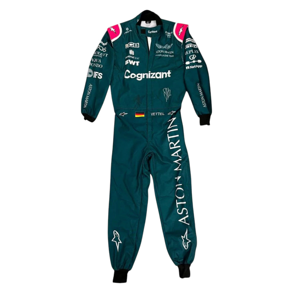 Sebastian Vettel 2021 Aston Martin F1 race suit in green with pink shoulder accents and sponsor logos