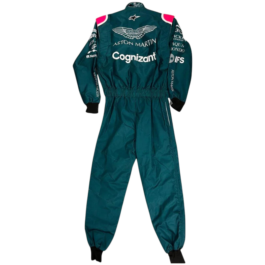 Sebastian Vettel 2021 Aston Martin F1 race suit in green with pink shoulder accents and sponsor logos