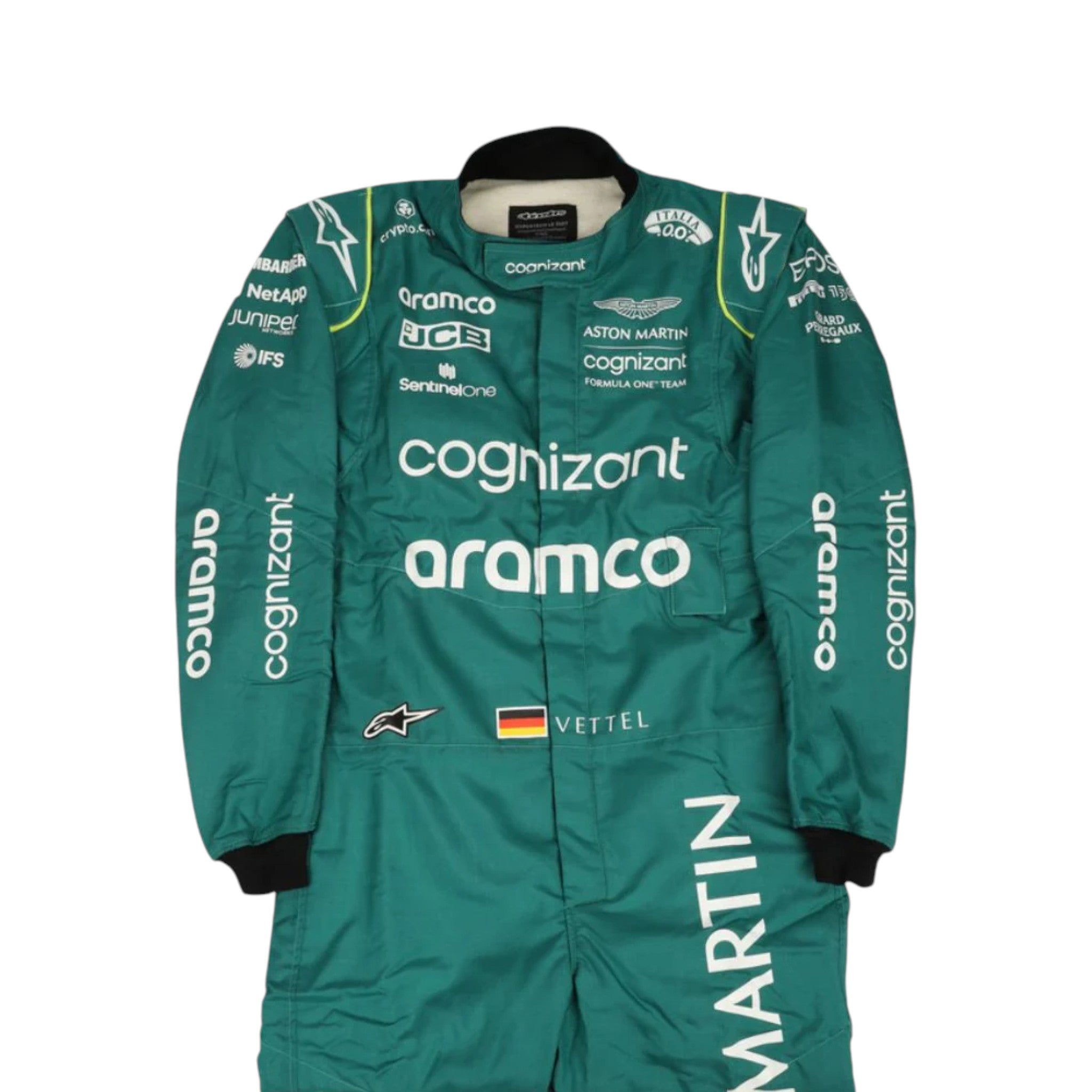 Sebastian Vettel 2022 Aston Martin F1 race suit in green with lime accents and sponsor logos