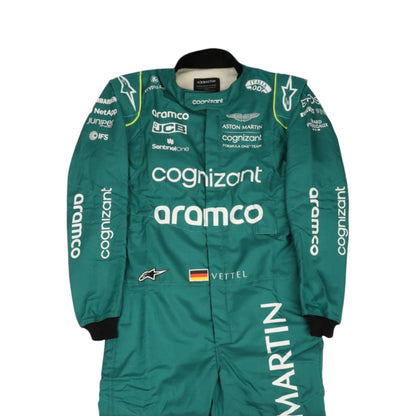 Sebastian Vettel 2022 Aston Martin F1 race suit in green with lime accents and sponsor logos