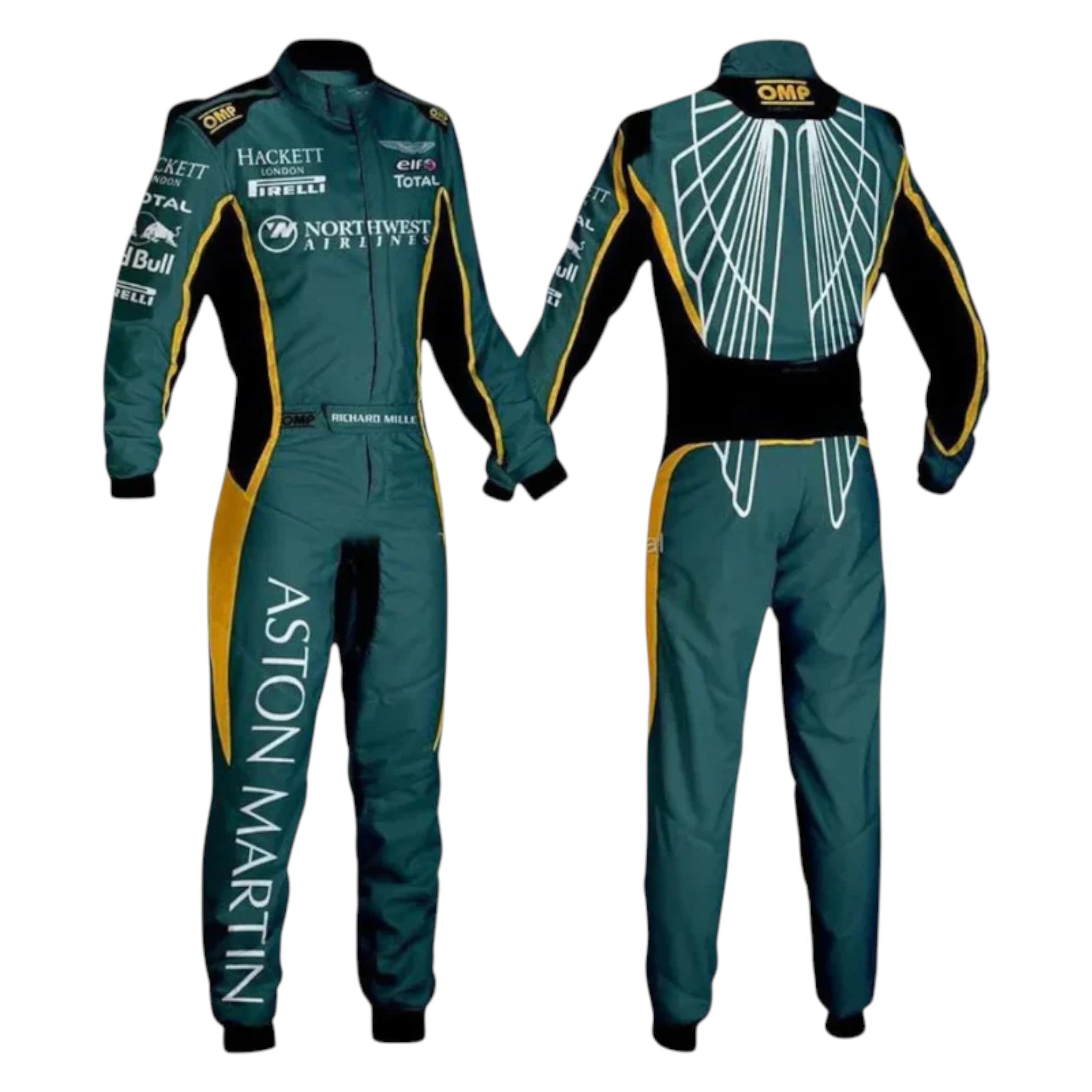 Sebastian Vettel 2022 Aston Martin F1 race suit in green with yellow accents and sponsor logos with detailed back wing design