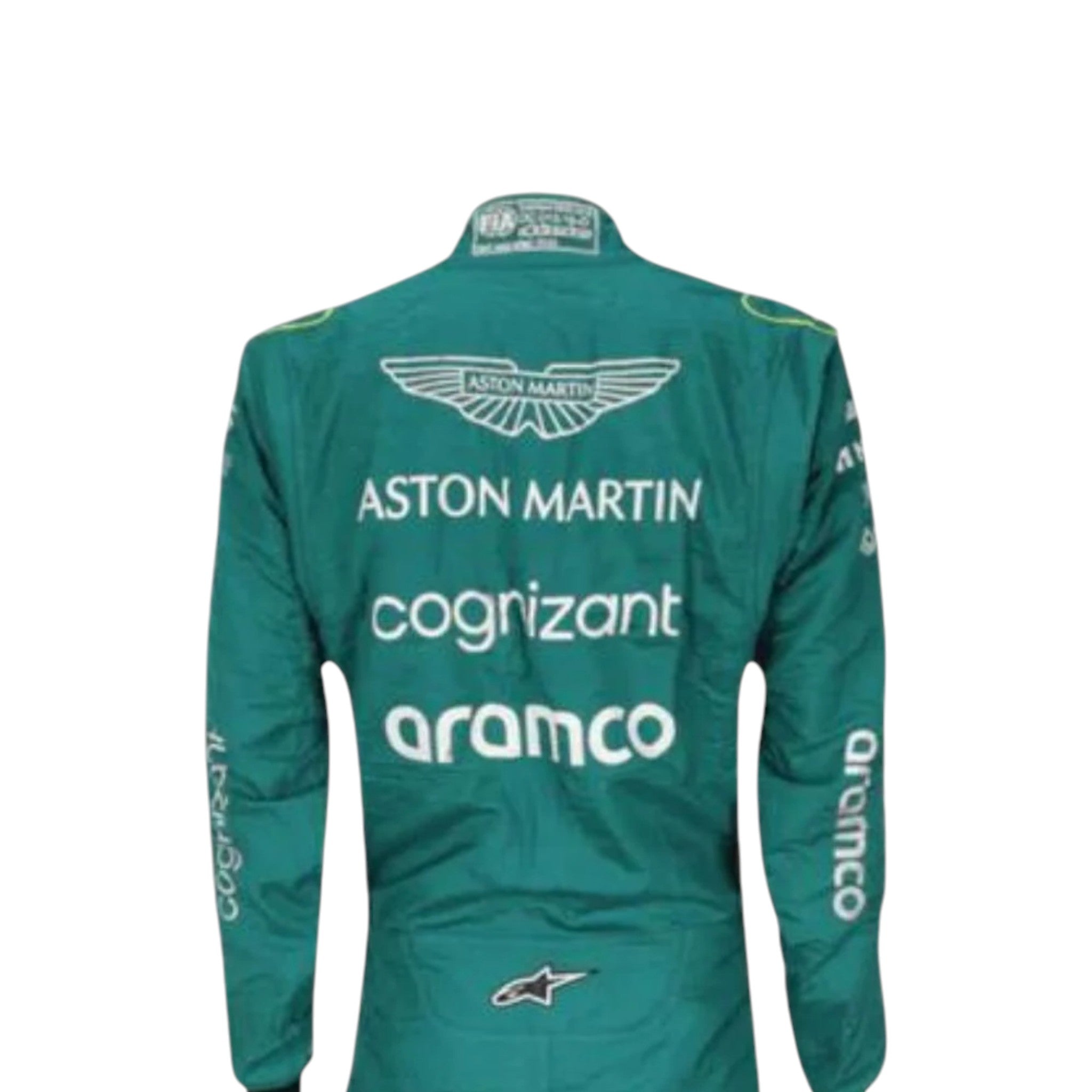 Sebastian Vettel 2022 Aston Martin F1 race suit in green with lime accents and sponsor logos