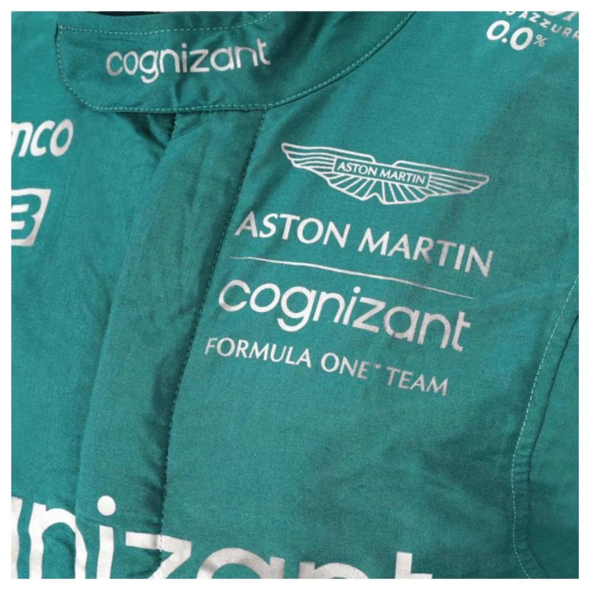 Sebastian Vettel 2022 Aston Martin F1 race suit in green with lime accents and sponsor logos