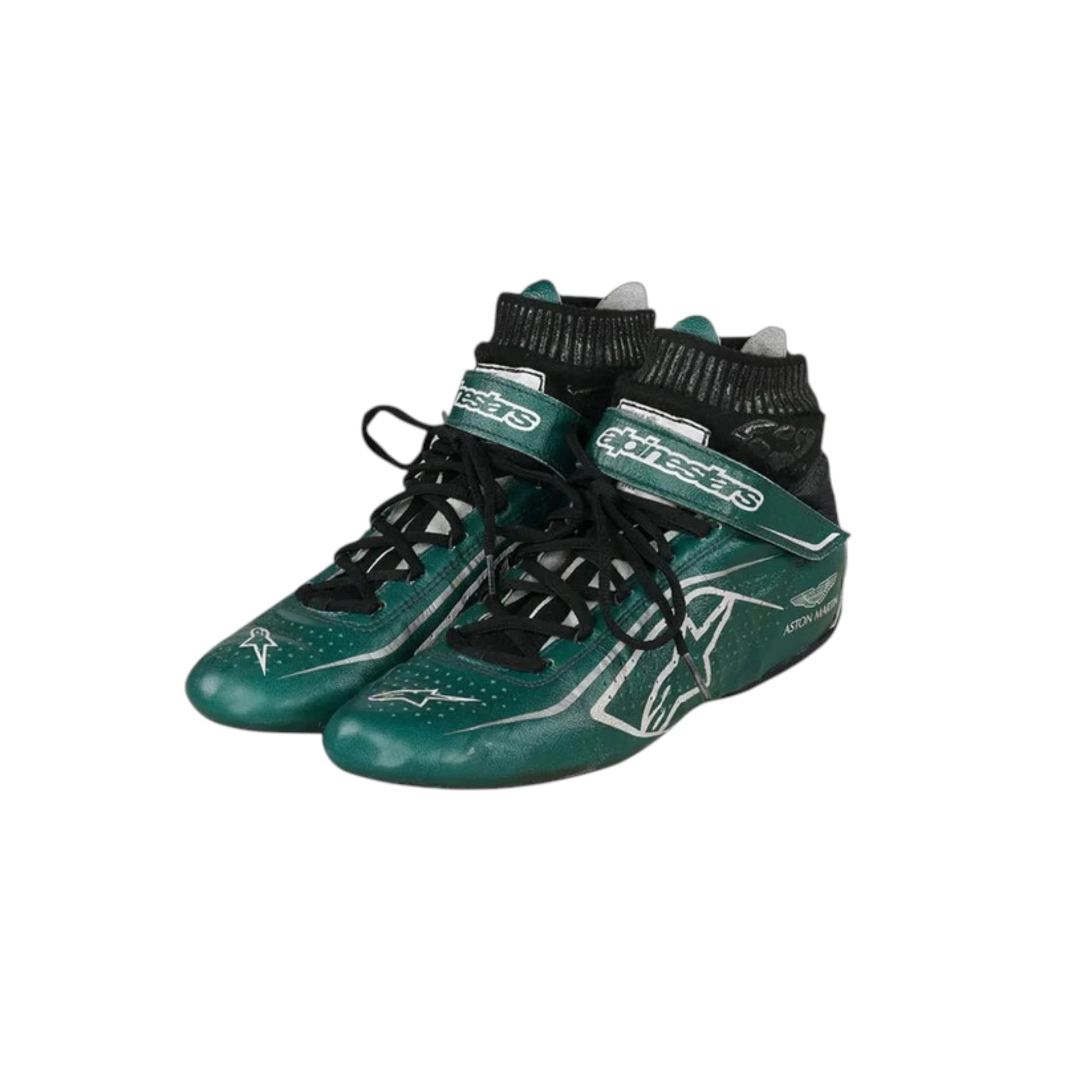 Sebastian Vettel 2022 Aston Martin F1 racing shoes featuring green and black Aston Martin branding with motorsport detailing