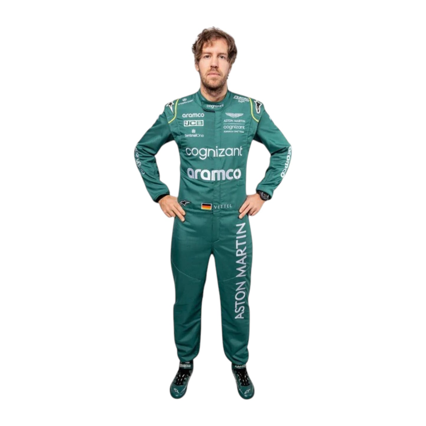 Sebastian Vettel 2022 Aston Martin F1 race suit in green with lime accents and sponsor logos