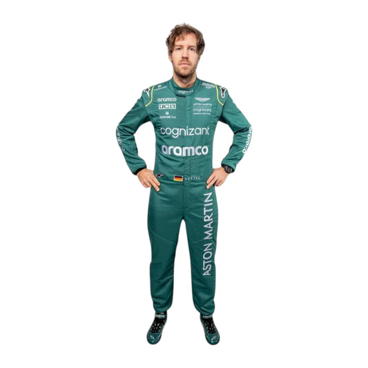 Sebastian Vettel 2022 Aston Martin F1 race suit in green with lime accents and sponsor logos