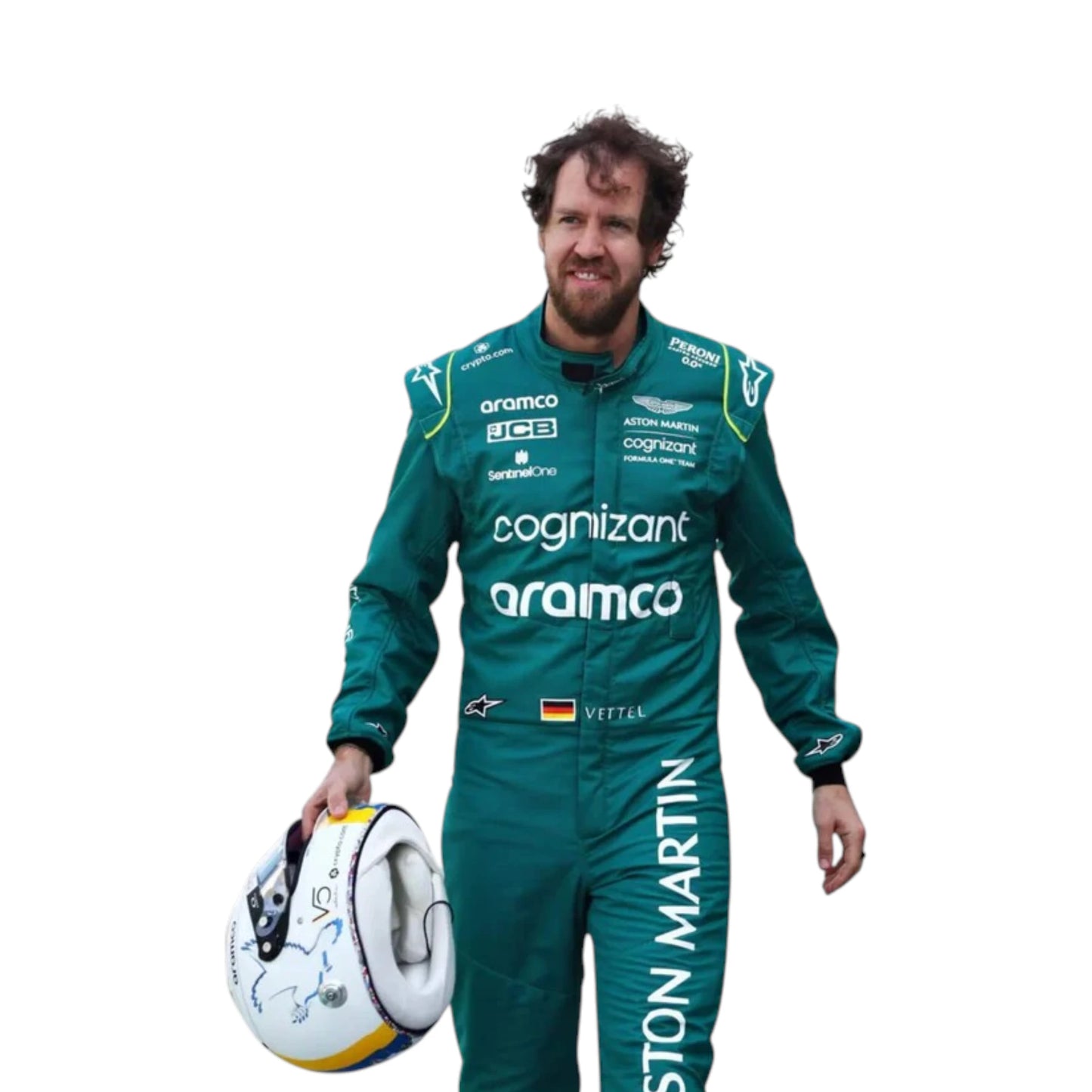 Sebastian Vettel 2022 Aston Martin F1 race suit in green with lime accents and sponsor logos