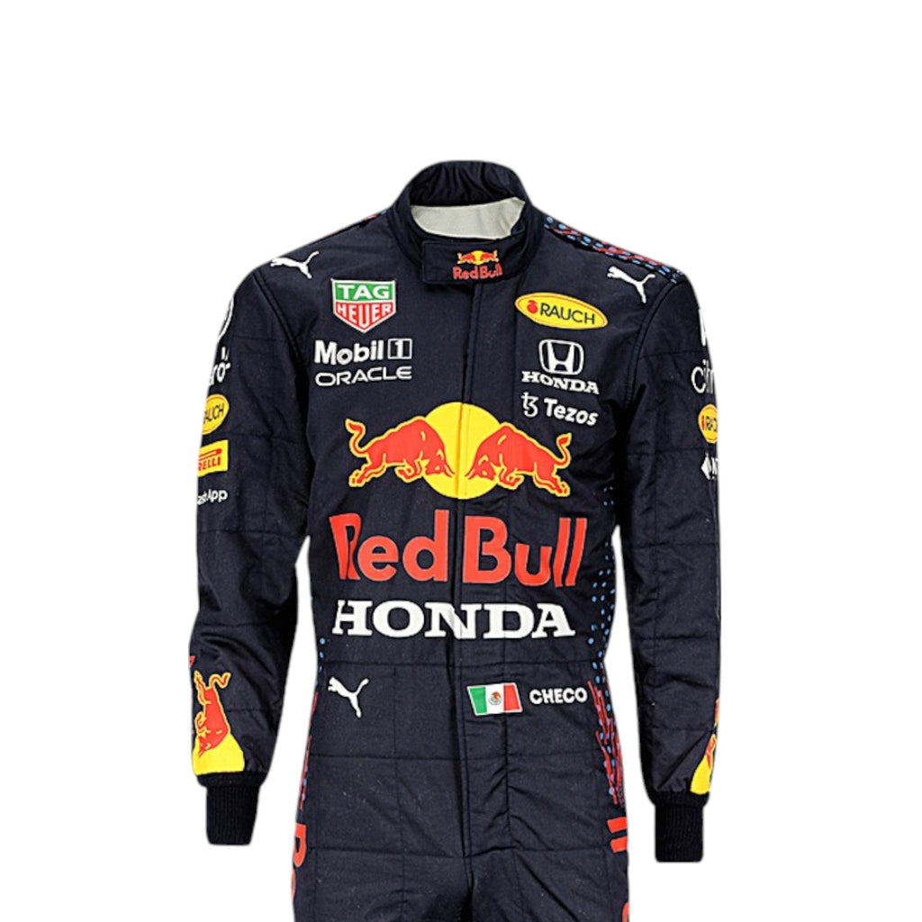 Sergio Perez 2021 Red Bull F1 race suit in navy blue with Red Bull and sponsor branding