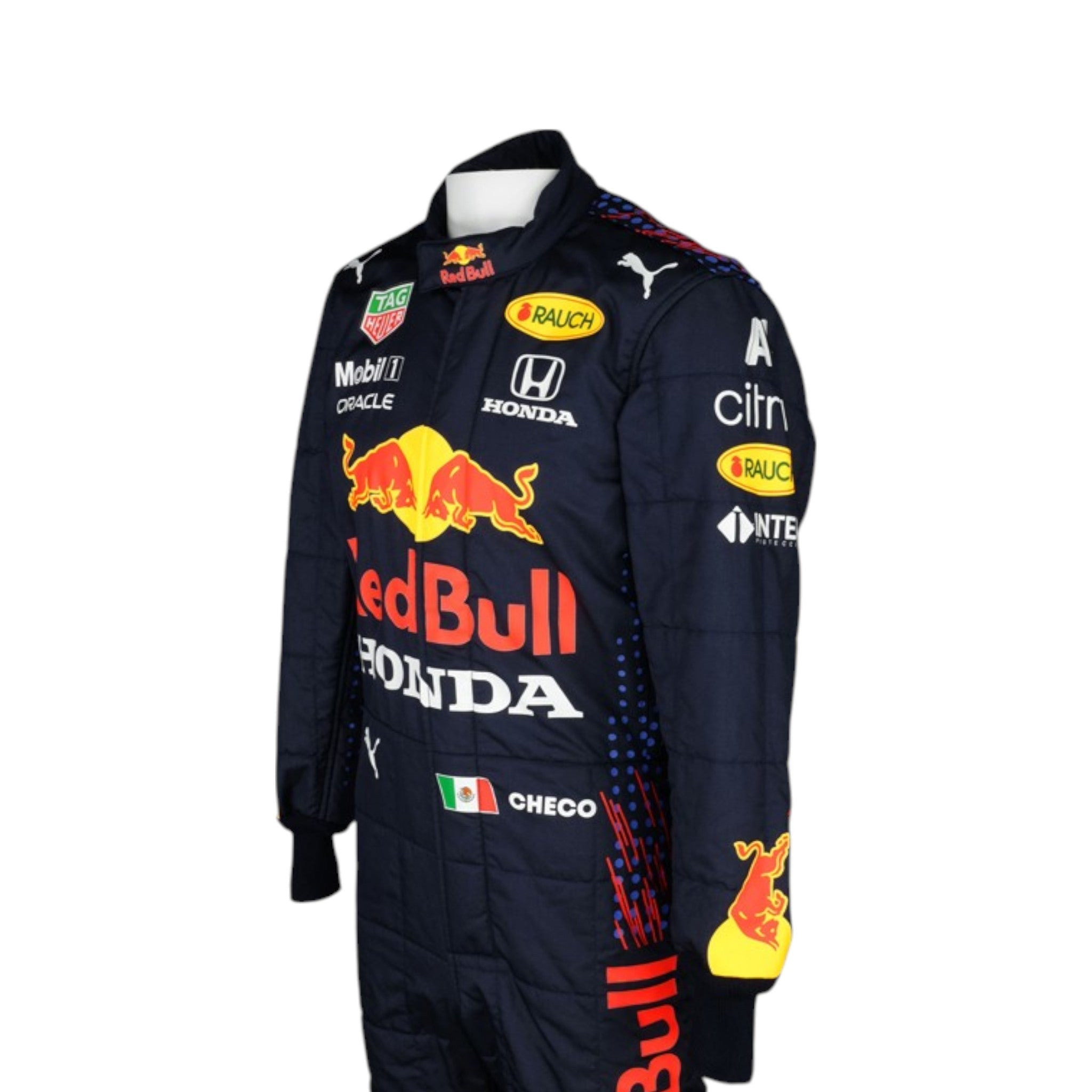 Sergio Perez 2021 Red Bull F1 race suit in navy blue with Red Bull and sponsor branding