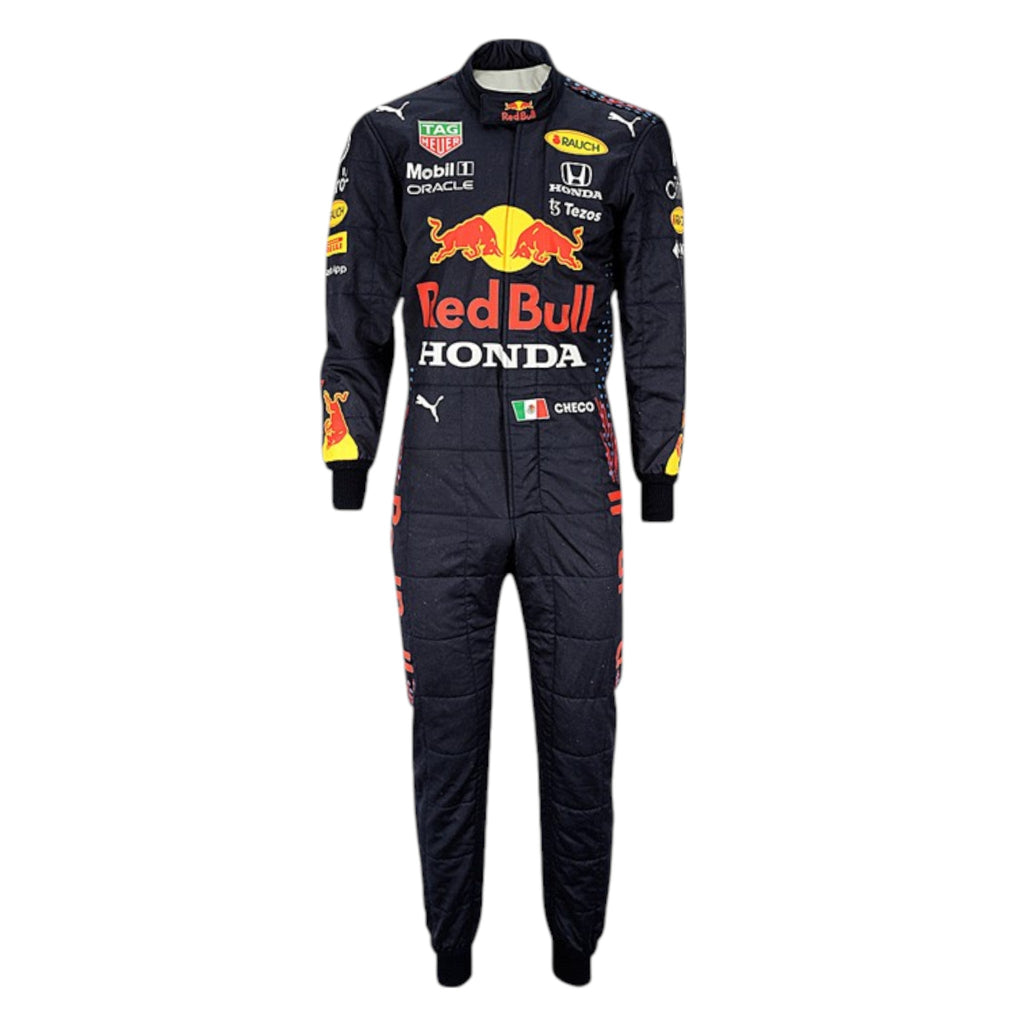 Sergio Perez 2021 Red Bull F1 race suit in navy blue with Red Bull and sponsor branding
