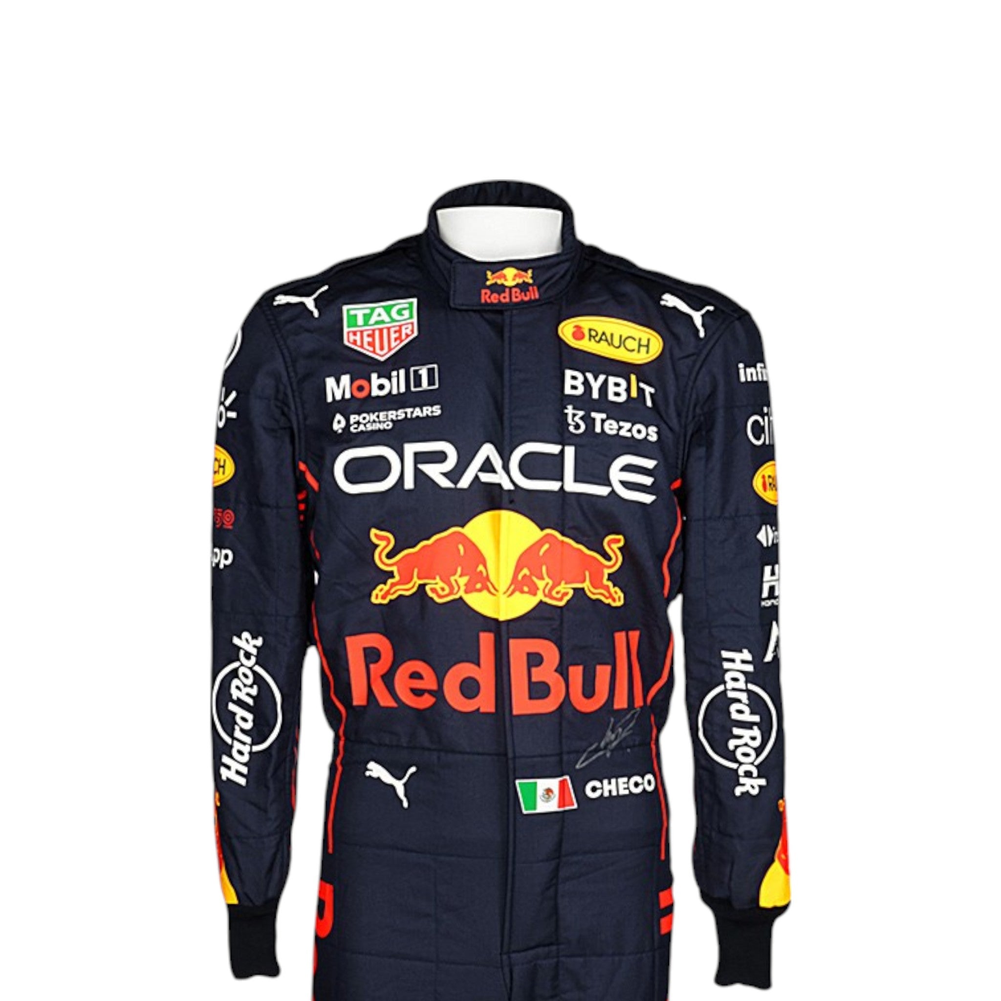 Sergio Perez 2022 Red Bull F1 race suit in navy blue with Red Bull and sponsor branding