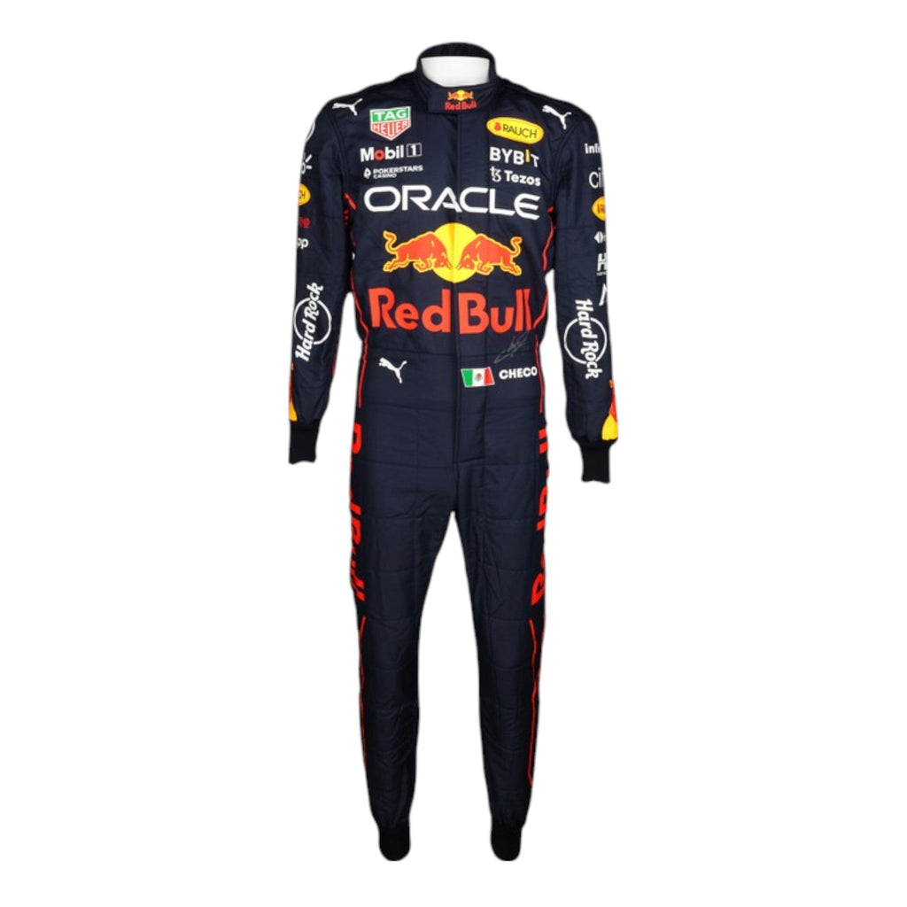 Sergio Perez 2022 Red Bull F1 race suit in navy blue with Red Bull and sponsor branding