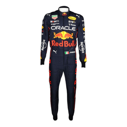 Sergio Perez 2022 Red Bull F1 race suit in navy blue with Red Bull and sponsor branding