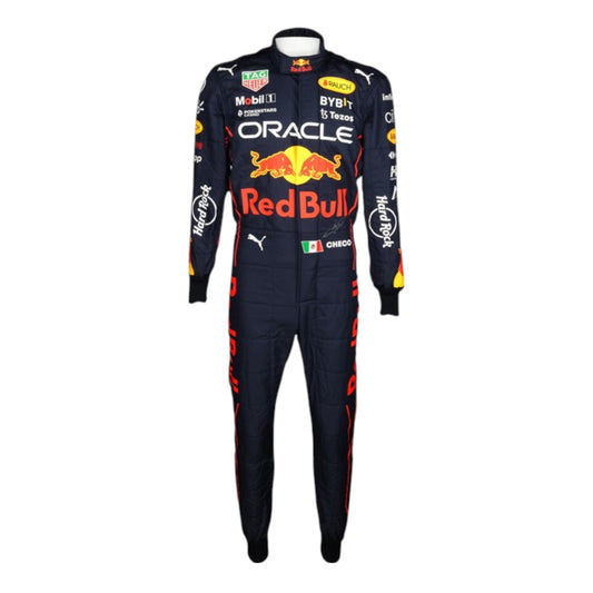 Sergio Perez 2022 Red Bull F1 race suit in navy blue with Red Bull and sponsor branding