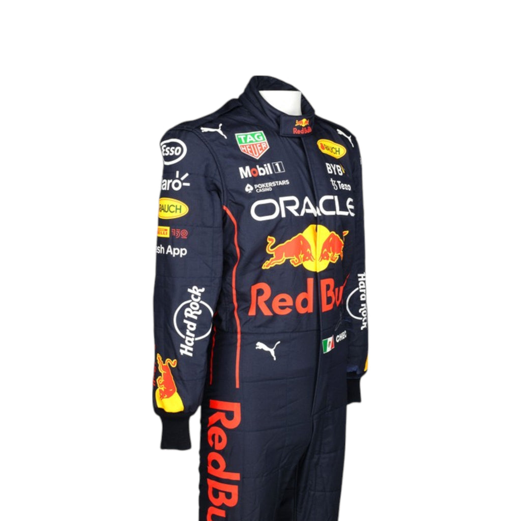 Sergio Perez 2022 Red Bull F1 race suit in navy blue with Red Bull and sponsor branding
